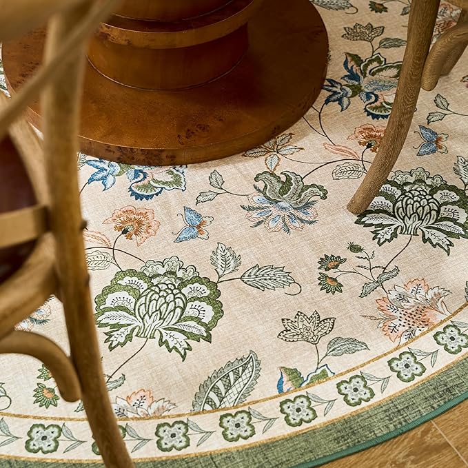 jinchan Elora Floral Corner Rug for Living Room Washable Rug Vintage Romance Christmas Design Non Slip Quarter Circle Lightweight Low-Pile Throw Carpet for Reading Playroom, 8ft Radius, Green/Beige