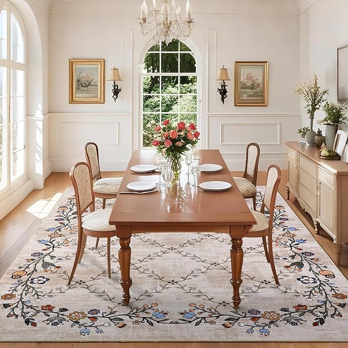 GarveeHome 8x10 Washable Floral Area Rugs for Living Room: Modern Floral Non Slip Large Area Rugs for Bedroom, Large Machine Washable Living Room Low Pile Carpet with Non-Slip Backing Beige 8'x10'.