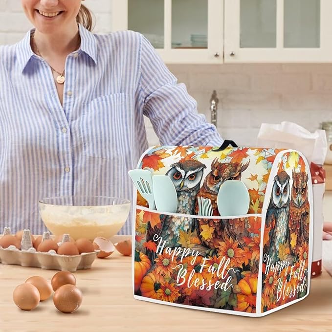Owl Stand Mixer Cover Compatible with 4.5-5 Quart, Autumn Pumpkin Kitchen Appliance Cover Universal for Air Fryers Maple Leaf Coffee Makers Pressure Cooker Cover Thanksgiving Kitchen Decor