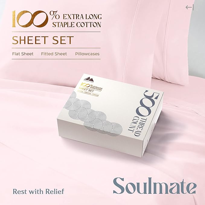 Mayfair Linen 500 Thread Count Twin Cotton Sheets - 3 PC Twin Size Bed Sheet Set Cotton (Blush), Soft, Cooling, Sateen Hotel-Quality 16" Deep Pocket Bedsheet for Hot Sleepers (Fits 18" Mattress)