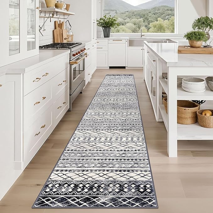 KUTA Boho Hallways Runner Rugs 2x12, Moroccan Washable Kitchen Rug Non-Slip Vintage Black Navy Blue 12ft Ultra Soft Distressed Geometric Floor Carpet Runners for Bedroom Laundry Living Room