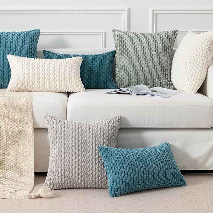 Kevin Textile 12x20 Inch Pillow Cover 1 Pack Boho Decorative Soft Striped Corduroy Lumbar Farmhouse Solid Color Accent Rectangle Cushion Case for Living Room Couch Sofa Bed, Blue Grey