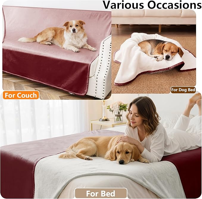 Waterproof Blanket for Bed King Size, Leak Proof Dog Couch Blankets Reversible, Pet Throw Sofa Furniture Protector Machine Washable-82 x108,Burgundy Red+Cream