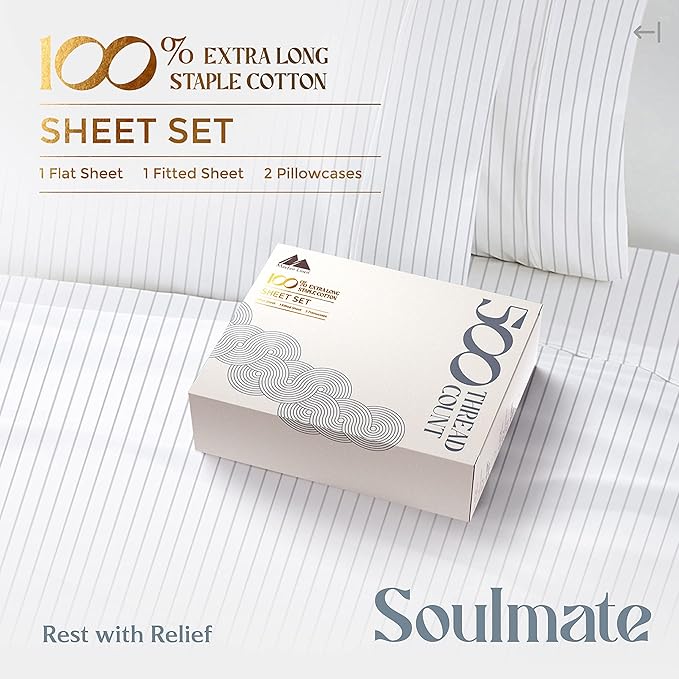 Mayfair Linen 100% Cotton Printed Bed Sheets Full Size Set - 500 Thread Count Cotton Sheets for Full Size Bed, 4 PC Set (Pinstripe - Light Grey), Soft, Cooling, Sateen Weave 16" Deep Pocket Bedsheet