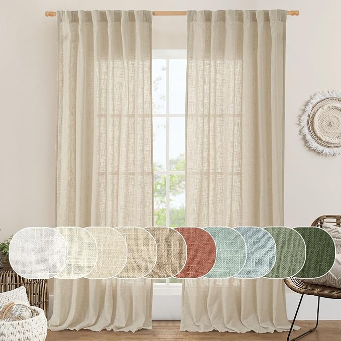 LAMIT Natural Linen Curtains 95 Inch for Living Room, Back Tab and Rod Pocket Linen Textured Semi Sheer Curtains Light Filtering Drapes for Bedroom/French Door, Set of 2, 52 x 95 Inch, Linen