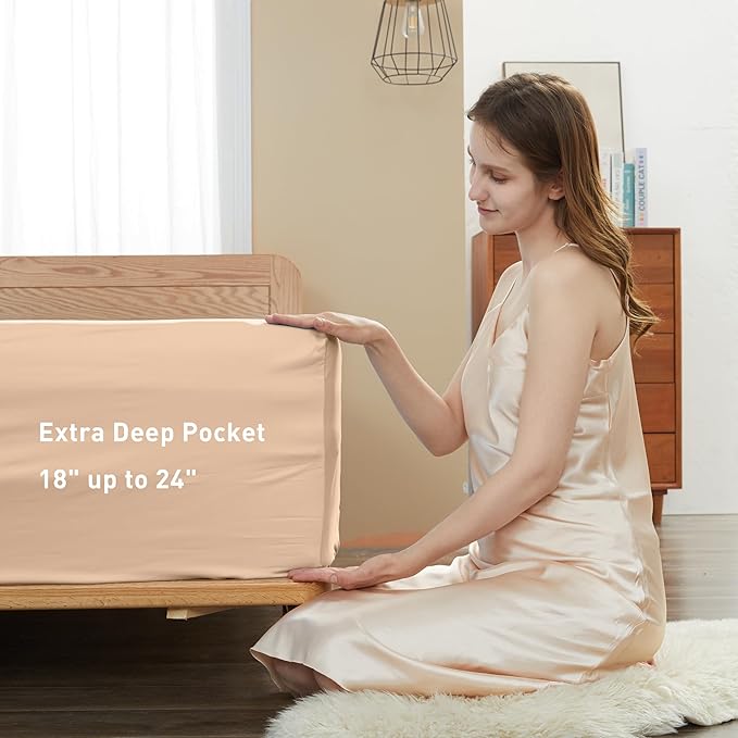Sunflower Queen Fitted Sheet, 1-Piece Extra Deep Pocket Fitted Bottom Sheet 22", 100% Cotton Sateen Soft Breathable, Light Khaki