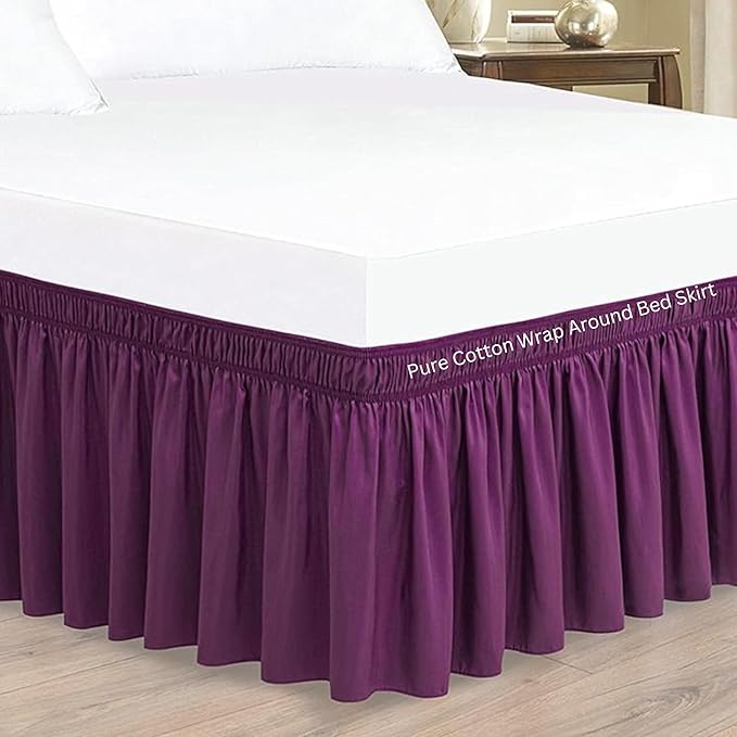 Purple Wrap Around Bed Skirts with 16" Drop - Three Sides Fabric Adjustable Elastic Dust Ruffle Silky Soft -600 TC Stretchy Bed Skirt-Short Queen(60"X 75") Purple