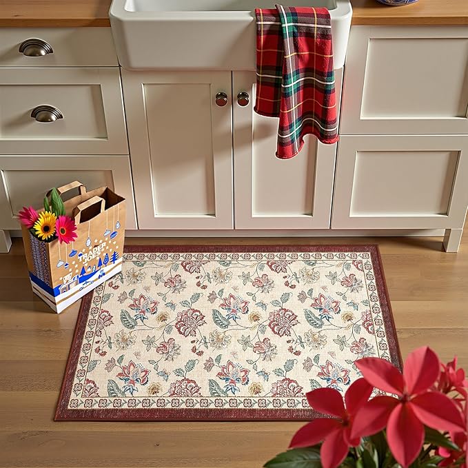 jinchan Elora 2x3 Floral Rug for Entryway Washable Kitchen Rug Vintage Romance Design Christmas Small Mat Non Slip Indoor Doormat Lightweight Low-Profile Throw Carpet for Entrance Bathroom, Red/Beige