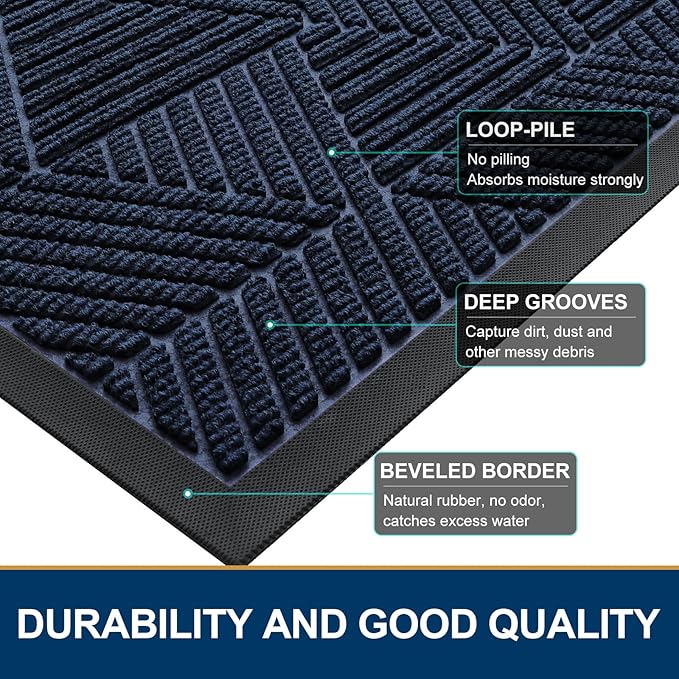 Smiry Front Door Mat Outside Entrance, Heavy Duty Sturdy Natural Rubber Doormat, Trap Dirt and Moisture, Easy Clean Low Profile Mats for Indoor Outdoor Entry, Irregular Triangle (71x24, Navy Blue)