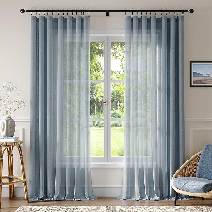 Anmao Natural Linen Curtains for Living Room 108 Inch Length 2 Panels Set, Light Filtering Semi Sheer Window Curtain Drapes for Bedroom with Curtain Rings and Clips, 52 Inch Wide Each Panel, Haze Blue