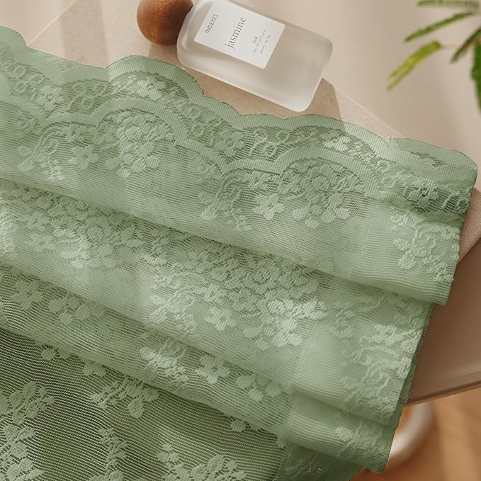Anmao Vintage Sage Green Lace Curtains 102 Inches Long 2 Panels, Romantic Light Filtering Semi Sheer Floral Thick Lacy Curtain Drapes for Living Room and Bedroom, Each Panel 55W x 102L, Sage Green