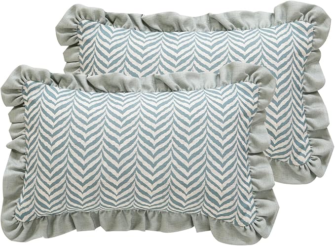 ISAENNE Design Linen Throw Pillow Covers 12"x20" Pack of 2, Rectangle Minimalist Cushion Covers with Powder Blue Chevron Leaves Pattern Decoration Pillowcases for Bed,Living Room,Outdoor,Car