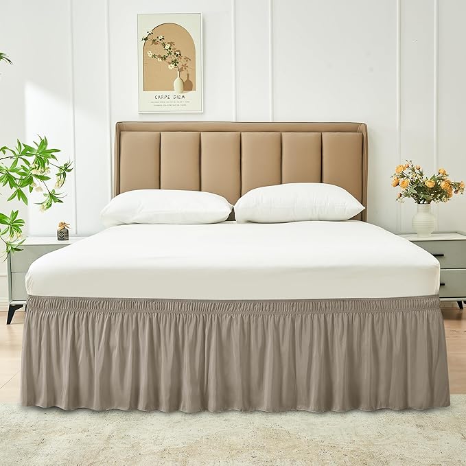Biscaynebay Wrap Around Bed Skirts for Queen Beds Short Drop of 12", Taupe Adjustable Elastic Dust Ruffles Easy Fit Wrinkle Resistant Silky Luxurious Fabric Machine Washable