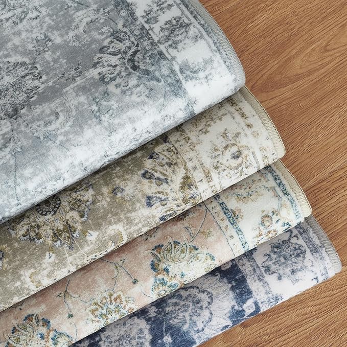 jinchan Fiora Hallway Runner Rug 3x8 Washable Runner - Vintage Floral Non Slip Low-Pile Soft Thin Faux Wool Kitchen Rug Distressed Carpet for Farmhouse Bedroom Laundry Room(3x8ft, Dark Blue)
