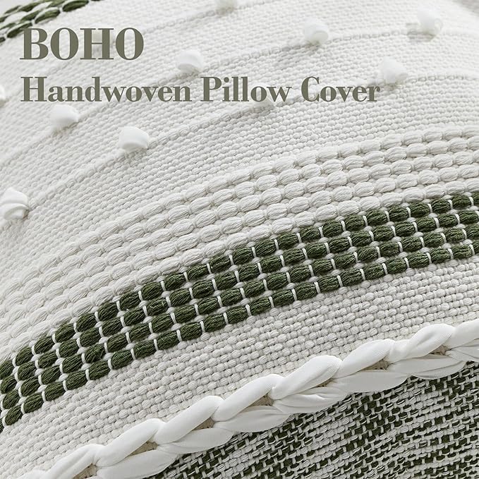 Boho Pillow Cover 18x18 Olive Green - Handmade Woven Textured Throw Pillow Case with Cordings & Tassels, Decorative Accent for Couch Sofa Farmhouse Living Room Home Decor