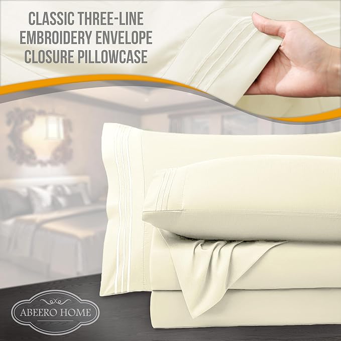 King Size Sheets Set Cooling - Luxury Hotel Sheets - Soft Bed Sheet with Elastic Corner Straps - Deep Pockets Microfiber Bedsheet - Bedding Sheet & Pillowcases - 4 Piece (King, Ivory)