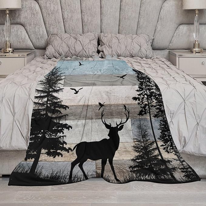 Rustic Deer Throw Blanket, Retro Cabin Farmhouse Country Lodge Blue Brown Wooden Board Wild Forest Animals Deer Bird Print Warm Cozy Blanket for Bed Couch Sofa Travel, 60"x80"
