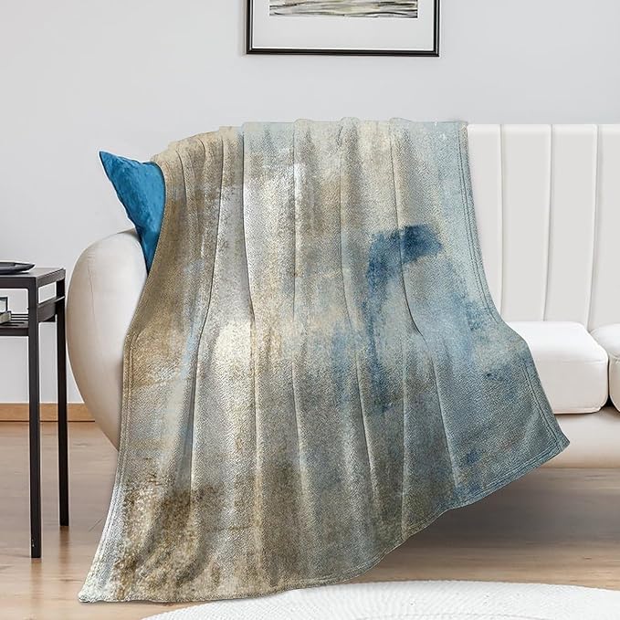 Abstract Gradient Blanket, Modern Fashion Art Blue Grey Brown Painting Strokes Pattern Soft Warm Cozy Plush Flannel Covers for Livingroom Bedroom Couch Chair Camping Travel Home Decor Tapestry 60x80in