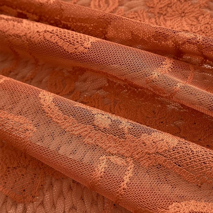 Burnt Orange Lace French Delicacy Curtains 63 Inches Long -Rod Pocket Luxury Vintage Bow Butterfly Sheer Flower Lace Curtains for Living Room Bedroom，52 x 63 Inch, 2 Panels