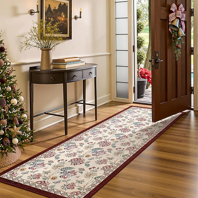 jinchan Elora 3x10 Floral Runner Rug for Hallway Washable Runner Vintage Romance Christmas Design Non Slip Thin Indoor Floor Cover Low-Profile Throw Carpet for Entryway Bathroom Bedroom, Red/Beige