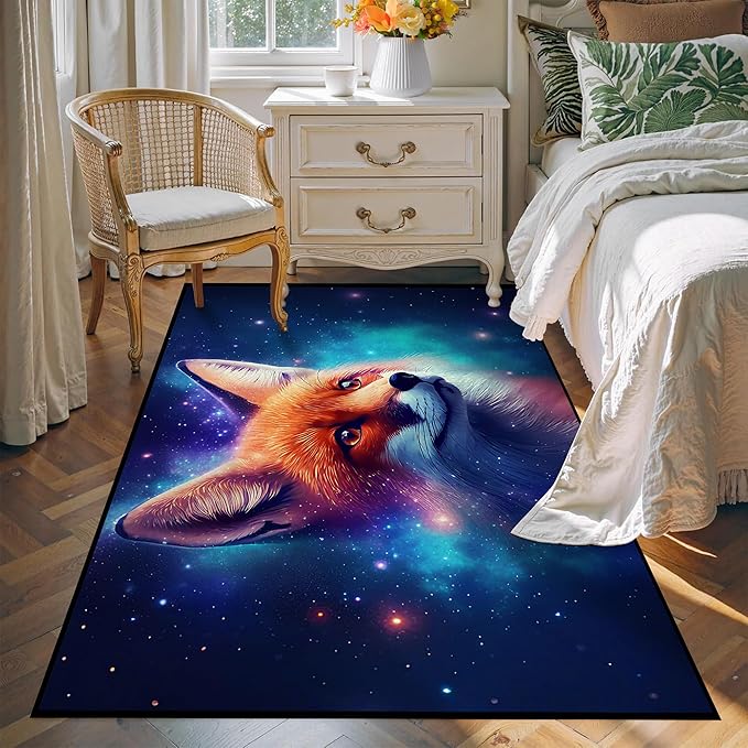 Galaxy Fox Rug Large 3D Cute Foxes Area Rugs for Bedroom Living Room Playroom Boys Kids Cartoon Colorful Carpet Glitter Stars Throw Rugs Floor Mat 71 in x 47 in