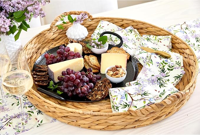 Solino Home Lilacs Floral Print Table Runner 60 inch - 100% Pure Linen Table Runner 14 x 60 Inch - Handcrafted and Machine Washable - Lilacs/Off White Print