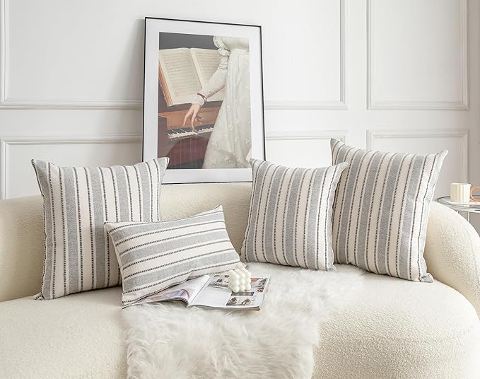 Decorative Boho Throw Pillow Covers, Farmhouse Textured Pillow Case, 22 x 22 Inch Set of 2, Chair Sofa Bedroom Living Room Home Decor Couch Cushion Case, Grey and Beige Striped