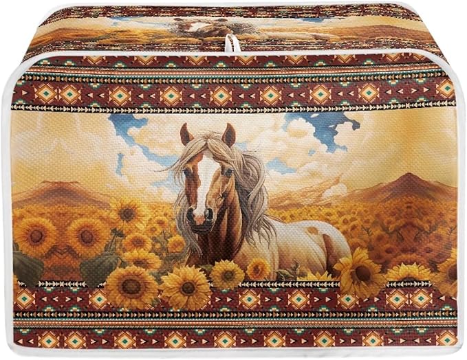 Aztec Horse Sunflower Printed Oven Cover Toaster Cover for Home, Tribal Horse Printed Toaster Cover Dirt and Fingerprint Protection, 4 Slice Toaster Oven Cover Kitchen Accessories