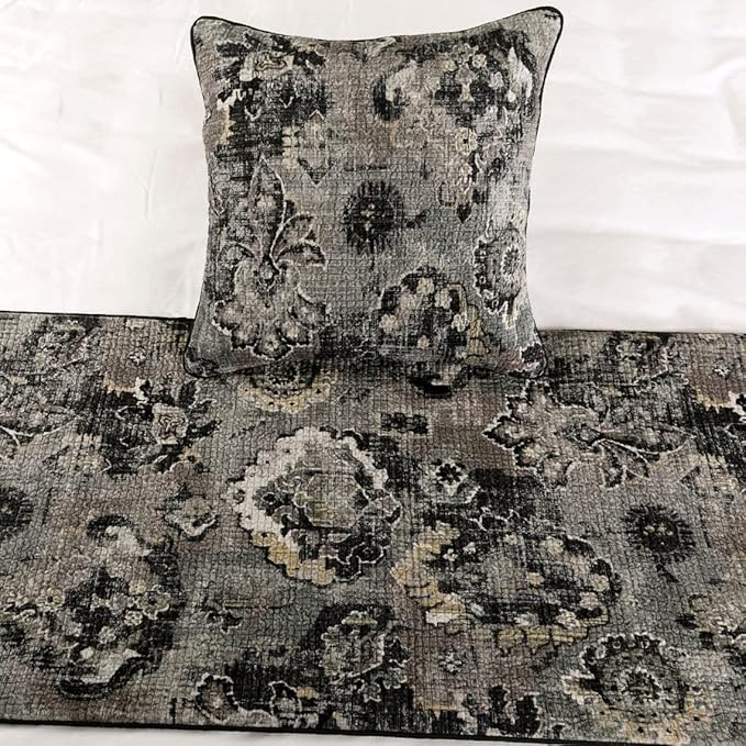 The HomeCentric Decorative Black & Grey Queen 74 x 18 inch Bed Runner Without Pillow Cover, Velvet Damask with Tassels Bed Scarf, Abstract Modern - Paved Damask