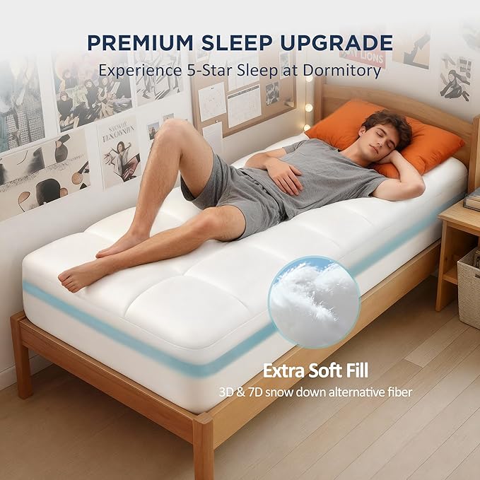 Dual Layer 4 Inch Memory Foam Twin XL Mattress Topper for College Dorm, 2 Inch Cooling Gel Memory Foam and 2 Inch Down Alternative Pillow Top Mattress Pad Cover 8-24 Inch Deep Pocket