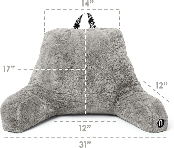 Nestl Fur Reading Pillow with Laptop Lap Desk, Stylish Back Pillow for Sitting Up, Lap Desk with Reading Pillows for Sitting in Bed Adult & Kids, Faux Fur Chair Pillow with Arms - Grey
