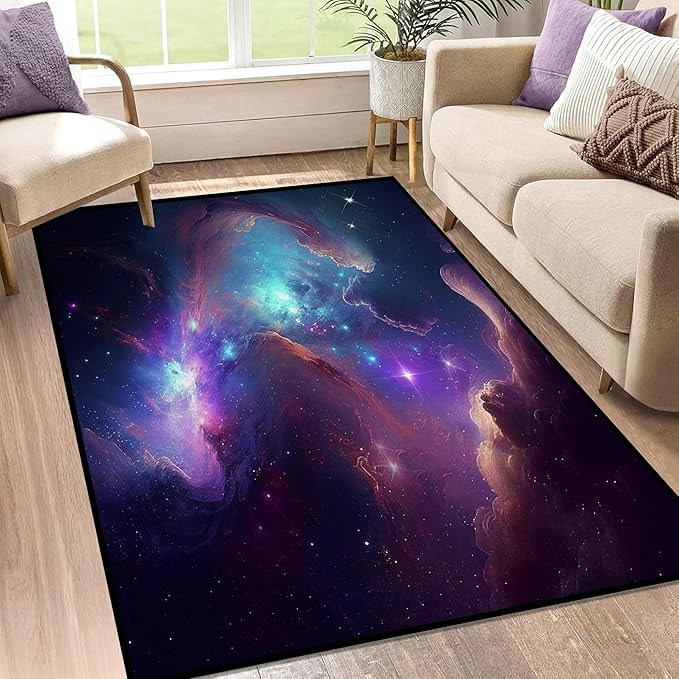 Galaxy Area Rug for Kids Boys Girls Bedroom Living Room Carpet Nebula Vortex Throw Rugs Purple Blue Cloud Floor Mat 47 in X 31 in