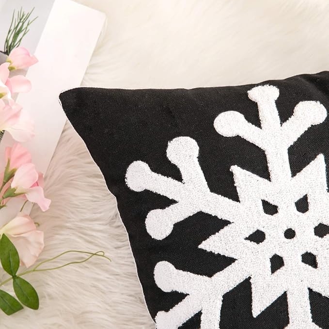 MIULEE Pack of 2 Christmas Decorative Snowflake Throw Pillow Covers Canvas Embroidery Winter Cushion Cases Holiday Decor Soft Pillowcases for Winter Couch Sofa Bedroom Car（Black, 16x16in）