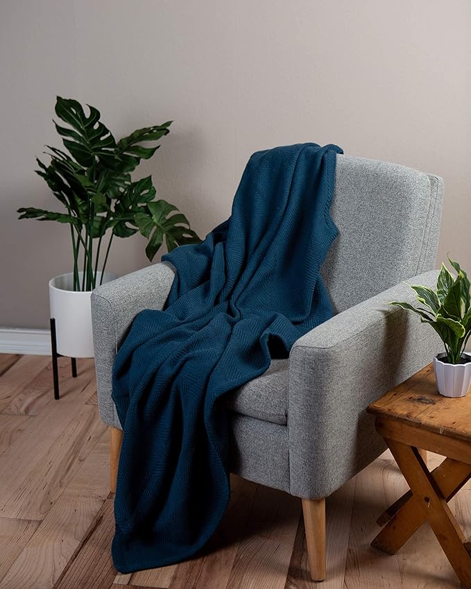 Sticky Toffee Cotton Throw Blanket 60x50 in – Soft Lightweight Woven Blue Blanket for Couch or Bed, Herringbone Weave, Boho Farmhouse Style