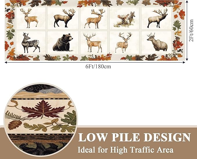 Beige Checkered Maple Bear Elk Hallway Rug 3.3x10ft Bohemian Vintage Floor Mat for Nursery Farmhouse, Foldable Anti-Fatigue Rug with Crushed Leaf Pattern
