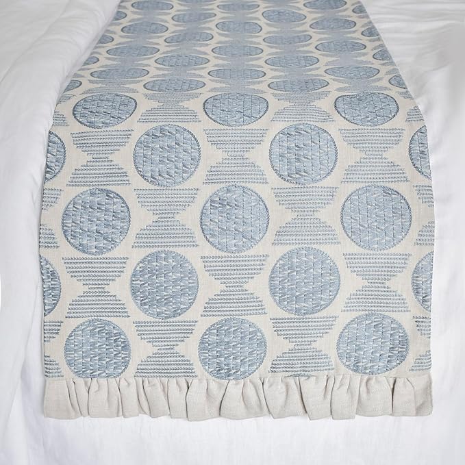 The HomeCentric King/Queen/Twin Blue Decorative Bed Runner CA King 86"x18" Bed Runner with One Pillow Cover, Embroidery, Ruffles Bed Scarf on Linen Fabric - Ellara Blue