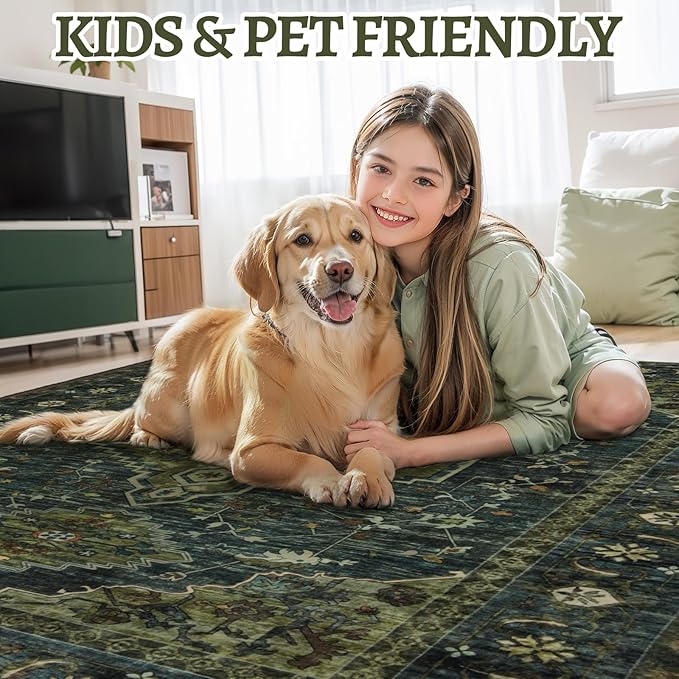 Tangsoo 8x10 Area Rugs for Living Room, Washable Rugs Oriental Vintage Indoor Non Slip Large Area Rugs, Print Carpet, Soft Low Pile Rug Foldable Floor Rug for Bedroom Dining Room Dorm Olive Green