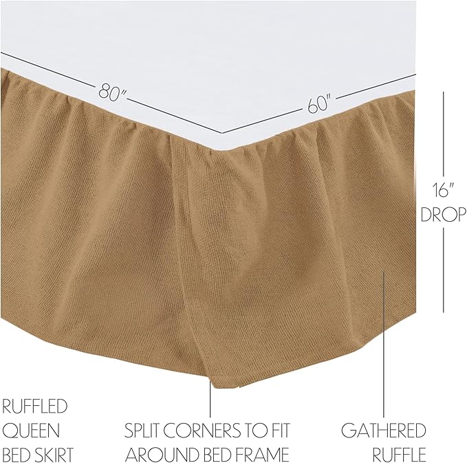 VHC Brands Burlap Solid Color Cotton Farmhouse Split Corners Gathered Queen Bed Skirt, Natural Tan
