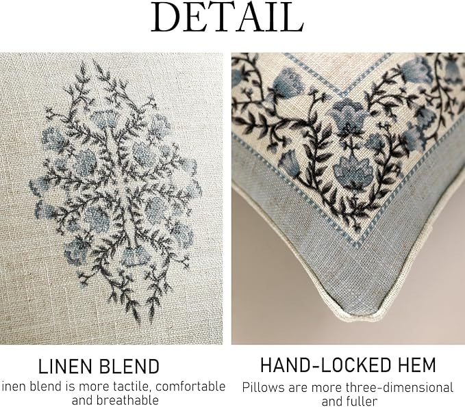 ISAENNE Design Linen Square Throw Pillow Covers 18"x18" Pack of 2, Cottage Farmhouse Cushion Covers with Blue Grey Thorn Vine Pattern Decoration Pillowcases for Bed, Living Room, Outdoor, Car