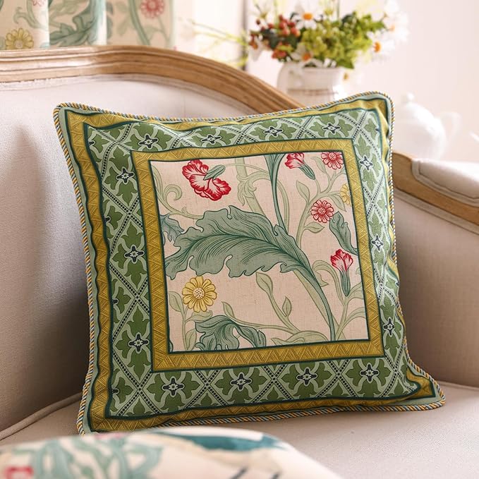 patdrea Designer Square Throw Pillow Covers,Farmhouse Linen with Green Floral Pattern Pillows Cover,Decorative Pillowcases Cushion for Bed Living Room Outdoor Car,18"x18"
