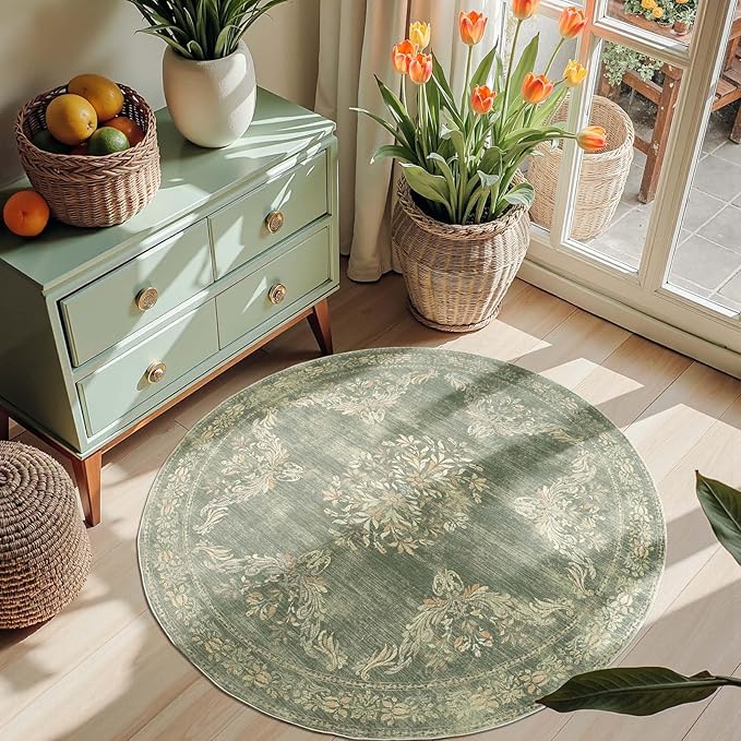 jinchan Round Rug 4ft Area Rugs Vintage Floral Distressed Design Machine Washable Soft Non-Slip Low-Pile Ultra-Thin Christmas Circle Rug for Entryway Living Room Kitchen Nursery (4' Round, Dark Green)