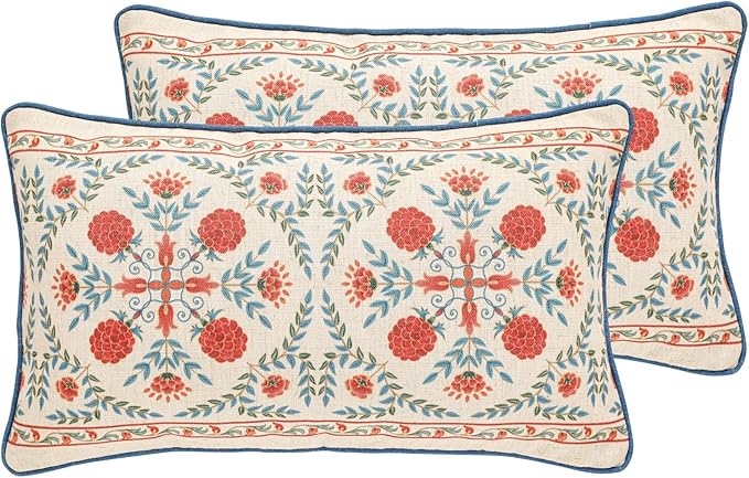patdrea Designer Throw Pillow Covers Set of 2,Lumbar Brilliant Vintage Red Tropical Linen with Floral Pattern Pillow Cover,Decorative Rectangle Pillowcases Cushion for Bed Living Room,12"x20"