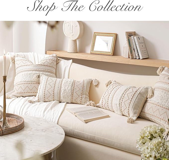 BlissBlush Decorative Throw Pillow Cover 18X18 Combo Set of 2 Square Cream Neutral White Boho Accent Pillowcase Tassels Farmhouse Cushion for Couch Sofa Bedroom Living Room Home Décor Cover ONLY