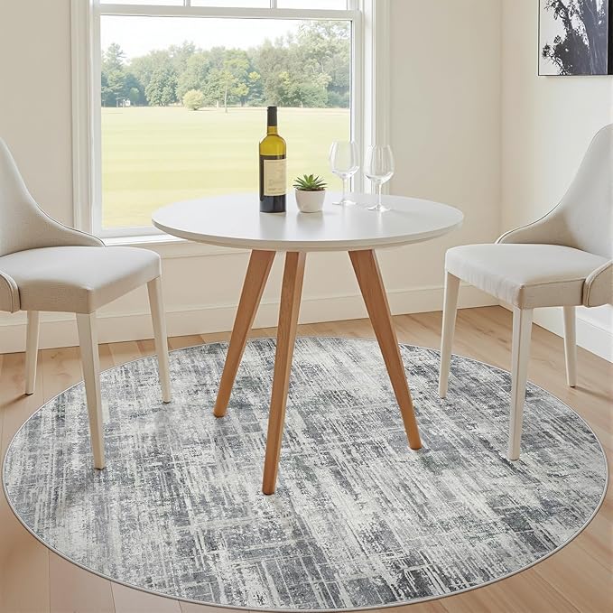 5ft Round Area Rug for Living Room: 5x5 Washable Neutral Abstract Modern Soft Rugs Non Slip Indoor Floor Stain Resistant Carpet for Bedroom Dining Room Office Nursery - Gray