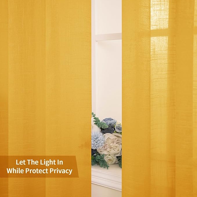 MIULEE Natural Linen Sheer Window Curtains - Elegant Mustard Yellow Fall Drapes Grommet Top Voile Panels Linen Textured Panels for Bedroom Living Room (52X96 Inch)