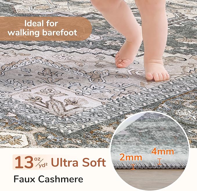 OPPODREAM Thin 6x9 Area Rugs, Washable Rug 6x9 with Non Slip Backing, Faux Cashmere Low-Pile 6 x 9 Carpet, Greenish Grey