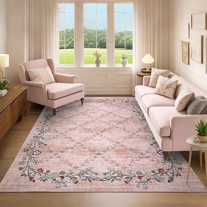 GarveeHome 10x13 Washable Floral Area Rugs for Living Room: Modern Floral Non Slip Large Area Rugs for Bedroom, Large Machine Washable Living Room Low Pile Carpet with Non-Slip Backing Pink 10'x13'.