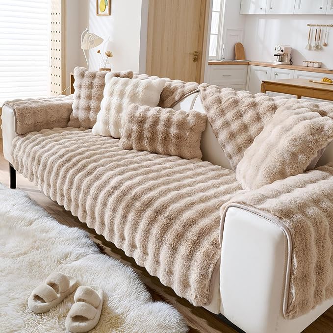 Faux Fur Decorative Throw Pillow Cover Plush Thick Bubble Pillow Covers Luxury Soft Cozy Accent Pillowcase for Spring Sofa Living Room Couch Bed (Khaki,18"x18")