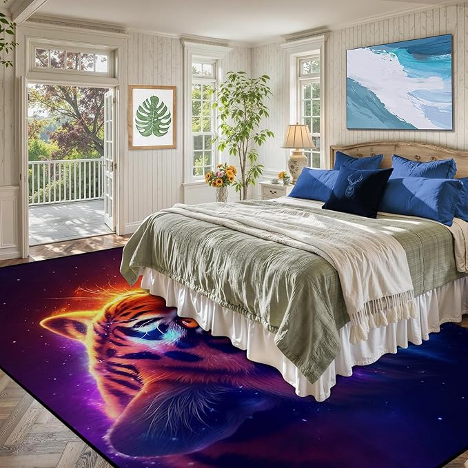 6' x 9' Galaxy Tiger Rug Large 3D Fierce Tigers Space Area Rugs for Bedroom Living Room Playroom Gameroom Boys Kids Fire Glitter Carpet Throw Rugs Floor Mat,180 X 275cm