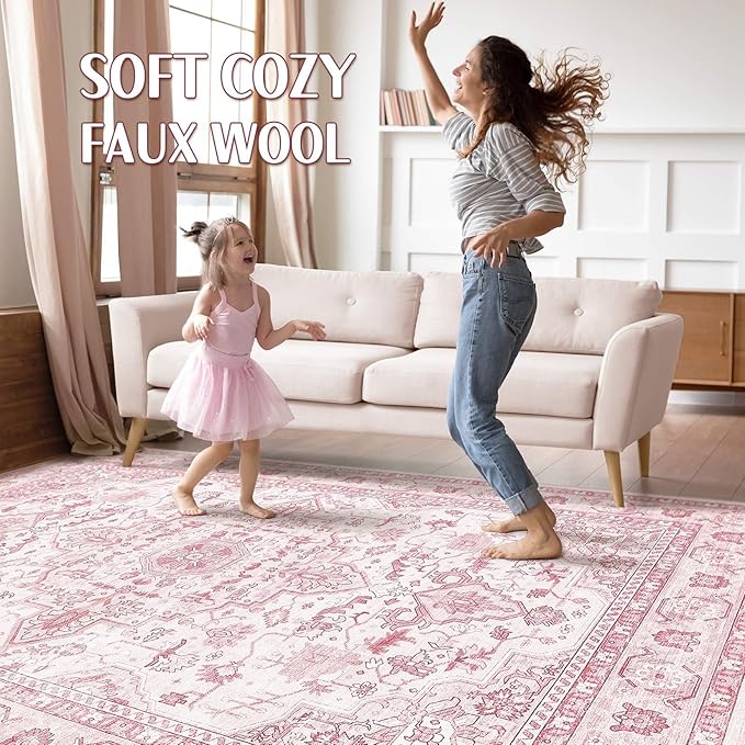 Pink Rugs for Bedroom Girls: 8x10 Washable Boho Large Neutral Cute Soft Area Rug Stain Resistant Floral Farmhouse Non Slip Indoor Floor Carpet for Living Room Nursery Kids Playroom Preppy Room Dorm